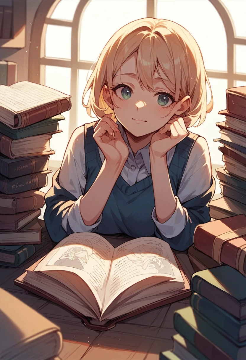 Woman reading many books