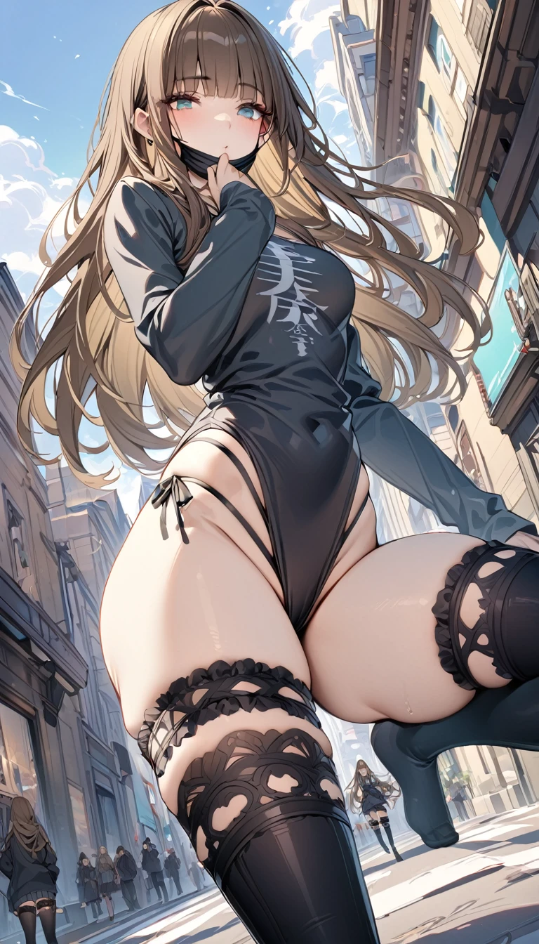 ((masterpiece)), Highest quality, (8k, Highest quality, masterpiece:1.2), Very detailed, gretelalt, brown hair, long hair, teal eyes,thighhighs, bangs, mouth mask, long sleeves, legband, stockings, outdoors,street,contrapposto,look down from a high place,solo focus