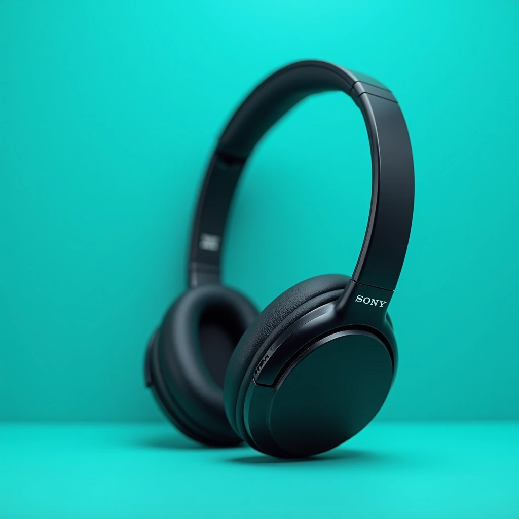   Beautiful photo of Sony headphones with a simple turquoise background