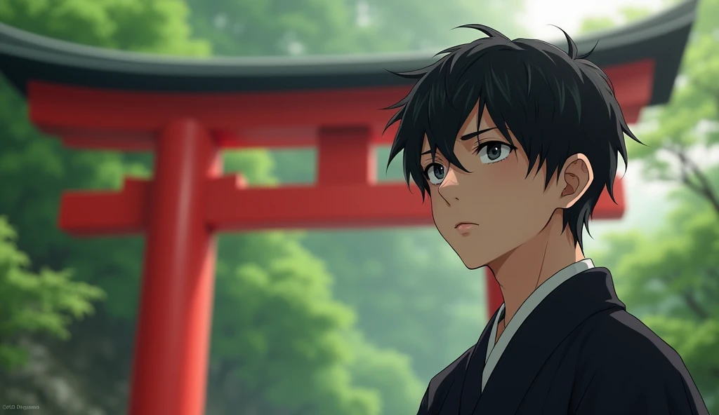 A young Japanese man with mushroom hair wearing a black kimono is looking into the distance in front of a red torii gate,Excited, Photo of your face, For work, With lush natural scenery as a background, with a natural look, With a slightly tired look, tilt your face a little, Diagonal orientation, Average face