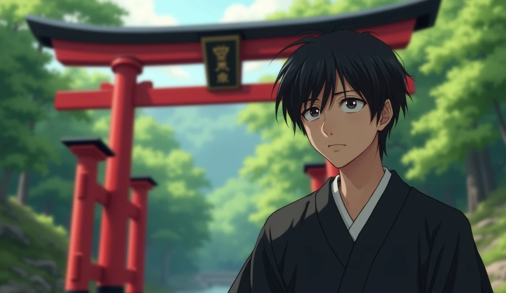 A young Japanese man with mushroom hair wearing a black kimono is looking into the distance in front of a red torii gate,Excited, Photo of your face, For work, With lush natural scenery as a background, with a natural look, With a slightly tired look, tilt your face a little, Diagonal orientation, Average face