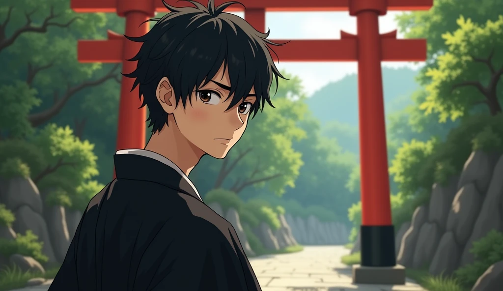 A young Japanese man with mushroom hair wearing a black kimono is looking into the distance in front of a red torii gate,Excited, Photo of your face, For work, With lush natural scenery as a background, with a natural look, With a slightly tired look, tilt your face a little, Diagonal orientation, Average face