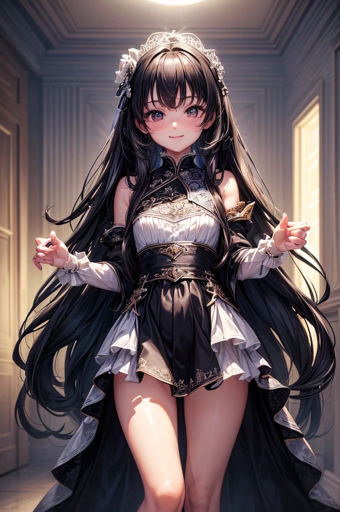 ((masterpiece, best quality, ultra-detailed, high resolution, extremely detailed CG, super detailed, Most beautiful clean lighting)), 1girl, small build, , cute girl, pretty face, smile, white skin, Beautiful black long hair, black eyes, kawaii, full body, nsfw, 