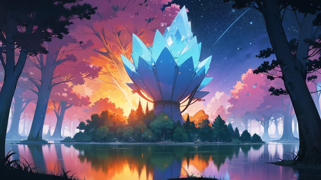 /imagine prompt: Viral anime nature wallpaper in 4K quality, in the style of Pixar 3D inspired by Coco, showing a lively forest clearing with colorful flowers, animated trees, and a crystal-clear pond reflecting the night sky; warm and festive color temperature, cosmos lighting with stars twinkling in the sky, no human characters, the atmosphere is magical and joyous --v 5 --stylize 1000