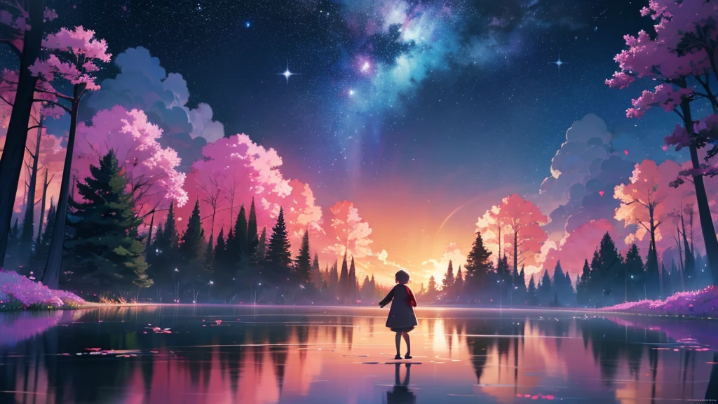 /imagine prompt: Viral anime nature wallpaper in 4K quality, in the style of Pixar 3D inspired by Coco, showing a lively forest clearing with colorful flowers, animated trees, and a crystal-clear pond reflecting the night sky; warm and festive color temperature, cosmos lighting with stars twinkling in the sky, no human characters, the atmosphere is magical and joyous --v 5 --stylize 1000
