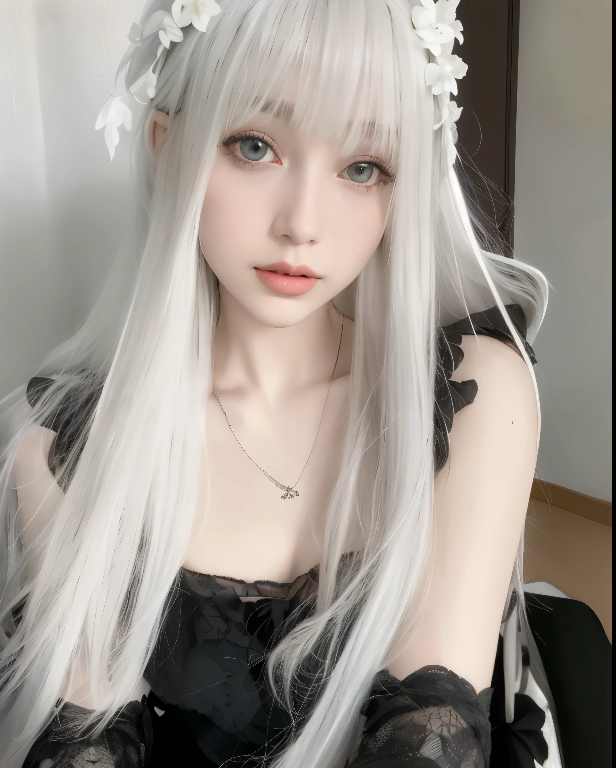 um close de uma mulher with long white hair usando um vestido preto, White hime cut hairstyle, long white hair and bangs, with long white hair, with long white hair, perfect girl with white hair, beautiful gray hair, with gray hair, white fringe, Long white straight hair, her hair is white, Animation in reality, straight white hair
