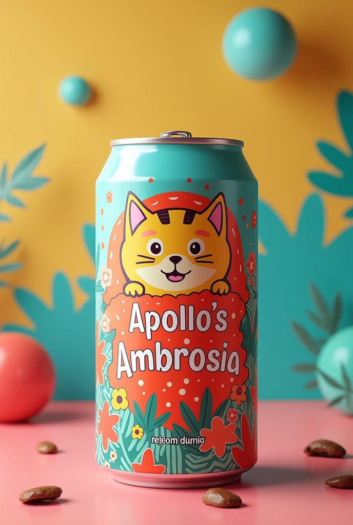 make me a 250ml canned coffee packaging design with a cheerful artwork theme with the brand name Apollo's Ambrosia , in it there is a cat head logo artwork design with full color