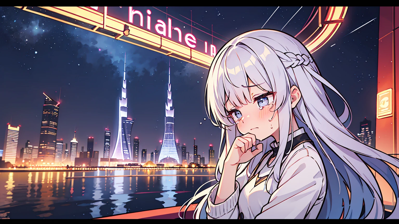 (masterpiece, best quality),1 woman,letterboxed, perfection of fashion,Cry out loud,Hazy, suit,upper body, side,With a lake, crying,The sadness of heartbreak,Shedding tears,Night view of Dubai Tower, Neon signs are full of hair and crying