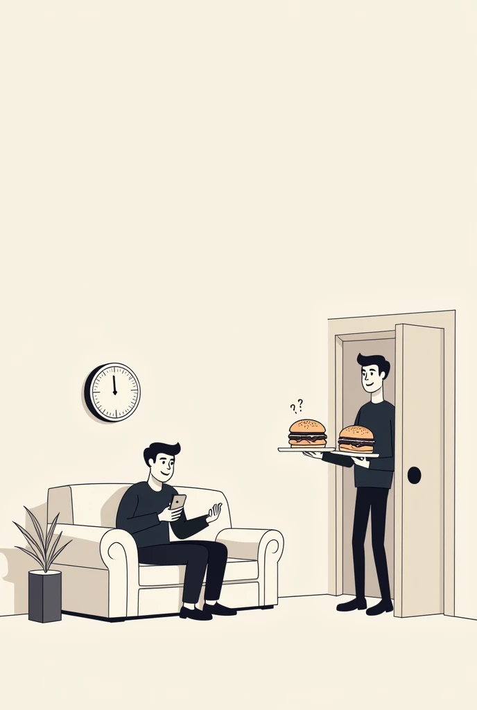 **Prompt:**
Create a minimalistic image depicting a person sitting on a couch, holding a phone with a confused expression, as they contemplate between ordering a pizza or a burger. The scene should be simple and clean, with a focus on the person's indecision. A Swish delivery rider is standing at the door, holding both a pizza and a burger, looking at the person with a friendly smile. The door is slightly open to suggest the rider has just arrived. The background should be uncluttered, with subtle details like a clock showing 10 minutes have passed. Include the text "Faster than deciding between a pizza or a burger" at the top and "Swish - Delight delivered in just 10 minutes" at the bottom in a sleek, modern font.