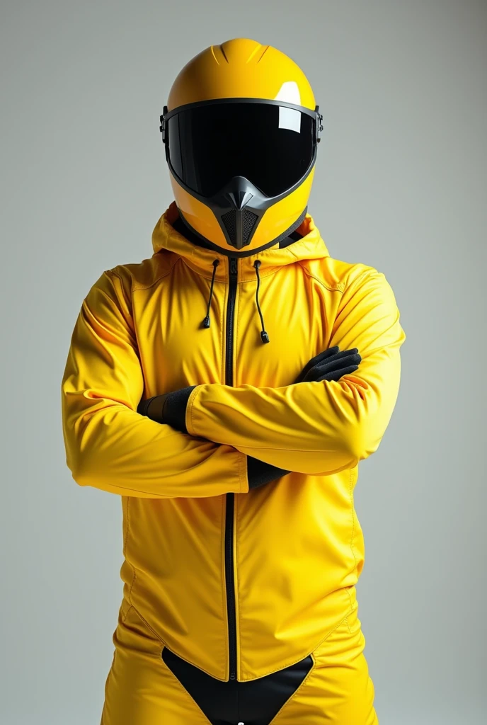 Biker in yellow biker safety suit full body in standing pose and helmet with arms crossed facing front