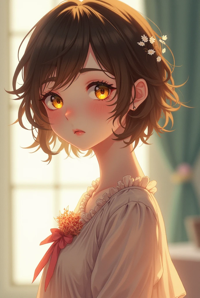 Girl with short brown hair, yellow eyes, wears pastel colored clothes. anime style.