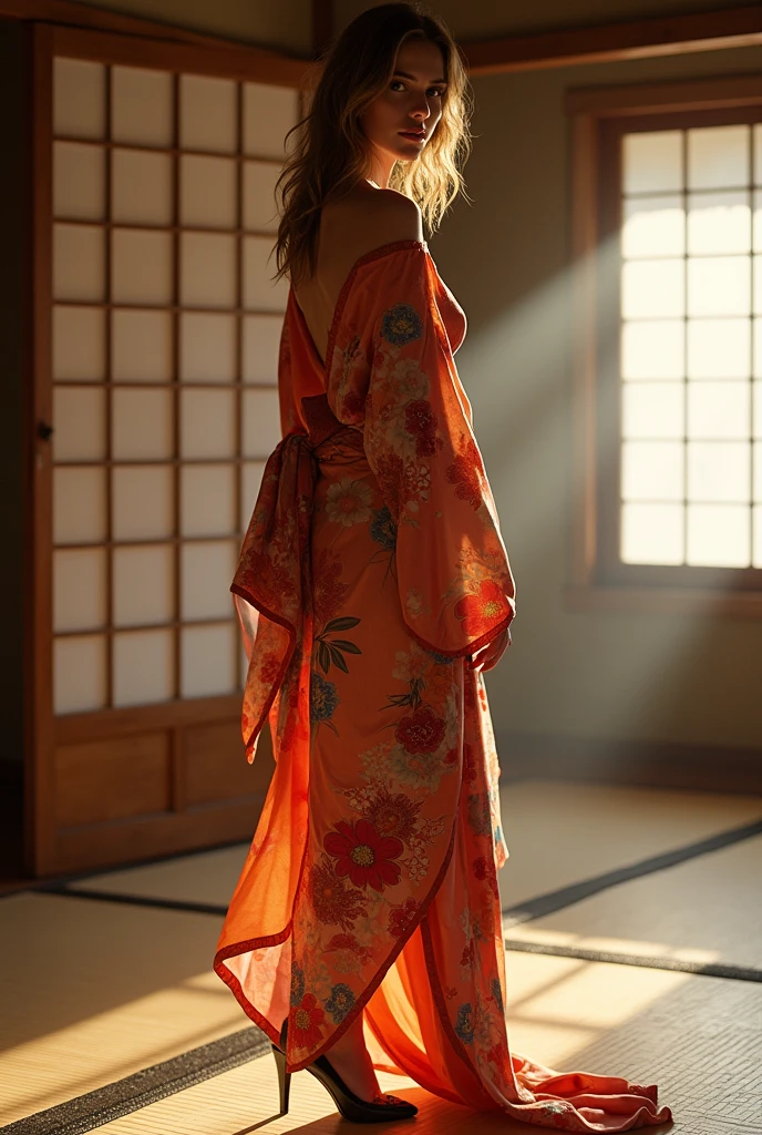 Jessica Alba, 30 year old, Slim, hair falling in soft waves over her shoulders, stands confidently inside the lens of an F1.8 camera. Inside soft lit empty Japanese room. Her slender figure is accentuated by the ultra-detailed colorful kimono she wears, exposing her ample cleavage and perky ass. Sexy Geisha. With a seductive glance over her shoulder, she raises an elegant hand to her cheek, her full lips forming a subtle smile. Her frame is clad in stiletto heels, adding an extra allure. The high perspective of the shot, looking down on her, enhances the realism and intricacy of every detail, making her poise and beauty truly come alive. intricate details, highly detailed, sharp focus, detailed skin, realistic skin texture, texture, detailed eyes, high resolution, masterpiece, best quality, professional, 4k, extremely detailed, foto_\(ultra\), photorealistic, realistic, post-processing, maximum detail, roughness, real life, ultra realistic, photorealism, photography, 8k uhd, photography