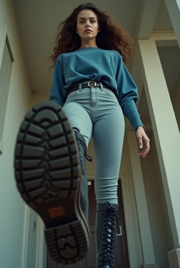 a pretty woman, 42 years old, Brown hair, pretty face, blue shirt, light tights, black doc martens , giantess, POV shot, lifts her right foot, Boot sole, FULL BODY shot
