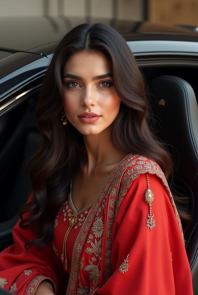 a wanna a realistic picture of human girl who is exact replica of ayeza khan  having dimples and fair skin wearing eastern red  shalwaar qamees with scarf  sitting in a lamberghini  a full pic of girl and lambirghini both more full view on front 