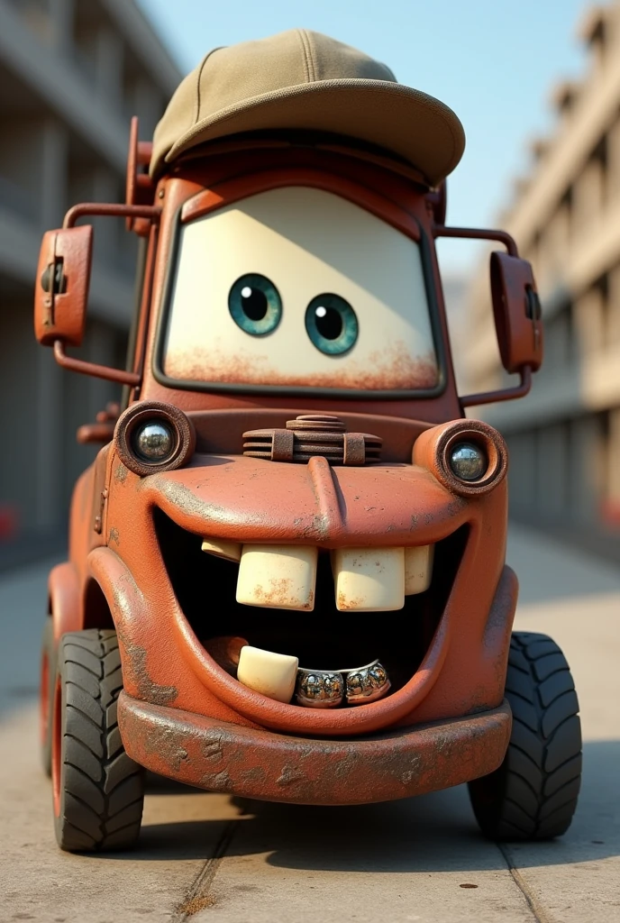 Create a rusty brown matte from the Cars movie as a forklift and put braces on his teeth,On the head put a lackers cap