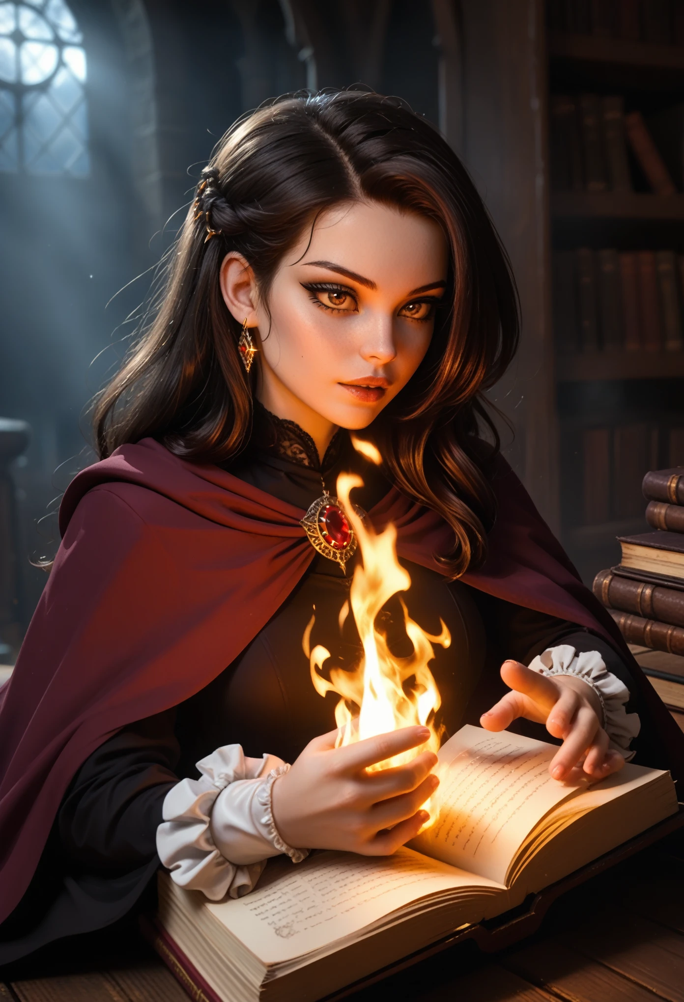 chillblaze, Girl 1, witch, conjures, A book in his hand, Small Kattelok, Fire is burning, bright colors, Clear drawing of details, a mystic, clear detail, The background sparkles with colors, A Clear Picture of What&#39;s Happening, amulet, Eyes Burn Brightly, Magic happens, Fantasy, Very well-developed picture, All the little things are visible, Темная Fantasy, The whole picture is visible, Maximum Quality Elaboration, score_9, score_8_up, score_7_up, masterpiece, Ultra Image Quality