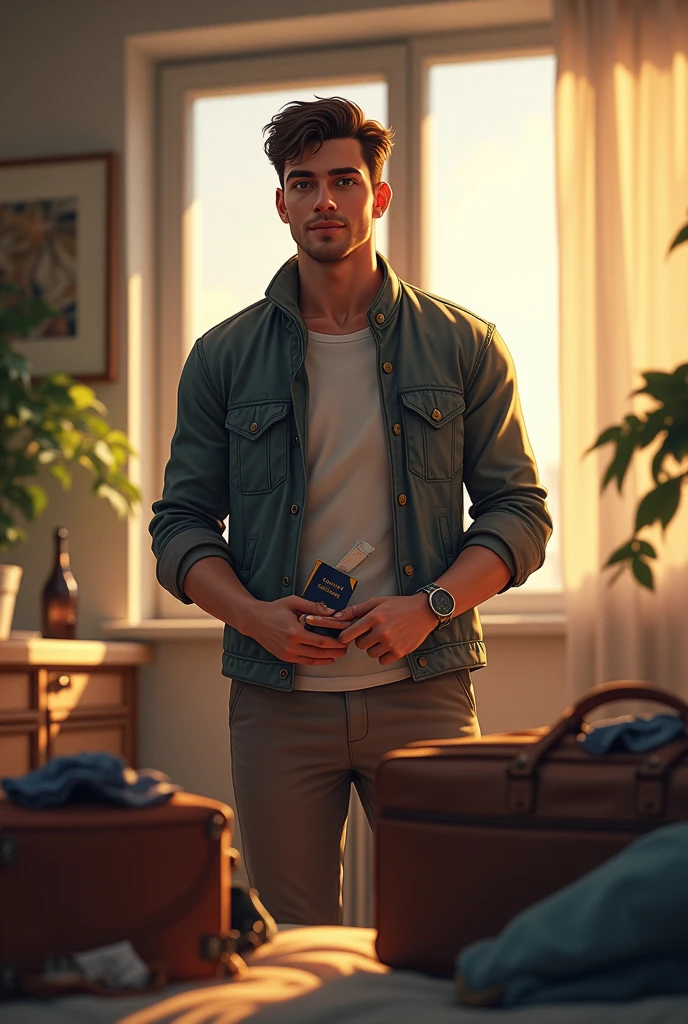A young man packing his bags and going to the airport 