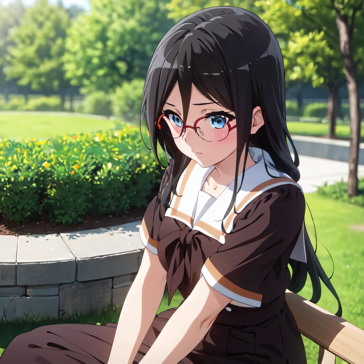 best quality, Masterpiece, highres, alone, {Thanaka_Asuka_euphonium sound:1.15} (garden:1.3), , black_hair, long_hair, glasses, light blue_eyes, Blush, red frame_glasses, Seraph, beyond the edge_glasses, semi borderless_glasses, hair_between_eyes, 1 woman, Kitauchi_high_school_uniform, brown, (Turn to the front:1.5),  (Sit back and wait.:1.5), looking towards the viewer, 