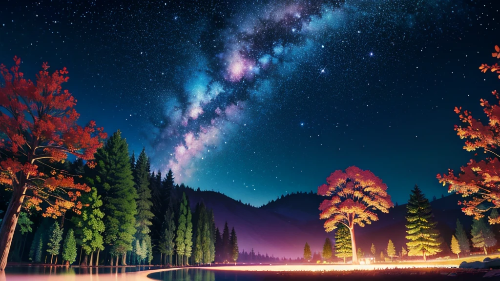 /imagine prompt: Viral anime nature wallpaper in 4K quality, in the style of Pixar 3D inspired by Coco, showing a lively forest clearing with colorful flowers, animated trees, and a crystal-clear pond reflecting the night sky; warm and festive color temperature, cosmos lighting with stars twinkling in the sky, no human characters, the atmosphere is magical and joyous --v 5 --stylize 1000