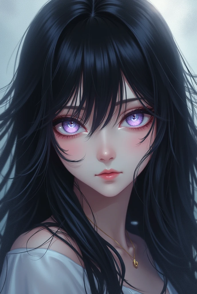 Anime Long Black Hair Pale purple and white odd eyes