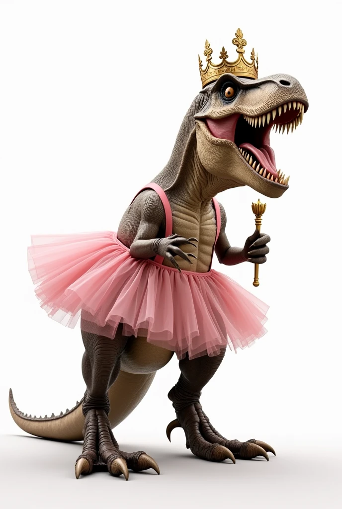 T rex , dangerous, with pink tutu and crown on white background, side view 
