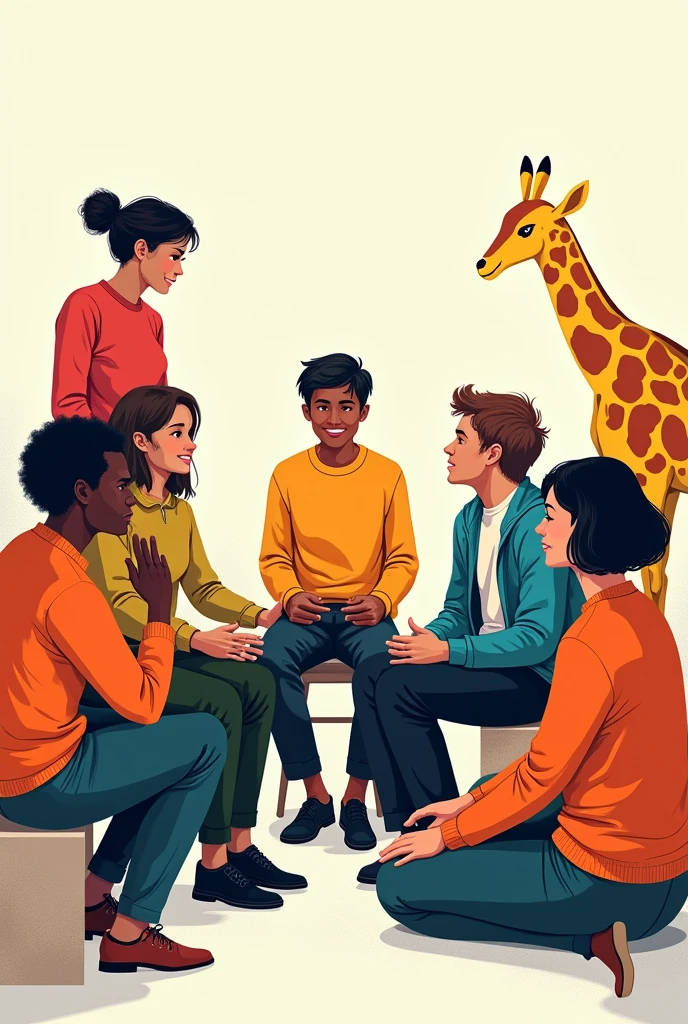 Create a brightly colored minimalist drawing of people discussing and thinking about wild animals