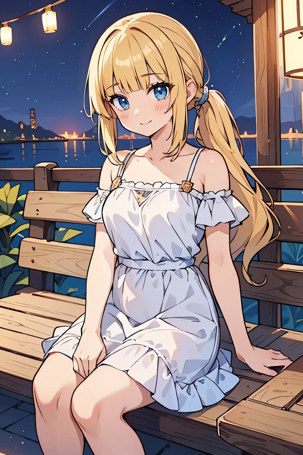 masterpiece, solo girl, (young female body:1.4), (medium small breasts), cowboy shot, flustered, yellow golden hair, extra gold long hair, thick wavy hair, hime cut, blunt bangs, crystal blue eyes, light blue detailed eyes, low ponytail, white sundress, short sleeves sundress, flowy white dress, long skirt, exposed collarbones, sitting on a bench, night time summer festival, night festival, girl on a date, cute white long sun dress