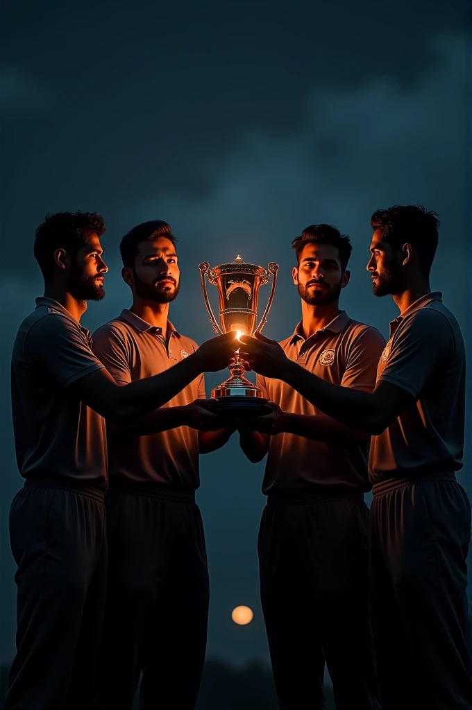 Create a picture of salamkani Spartans cricket team holding trophy in hand in dark night
