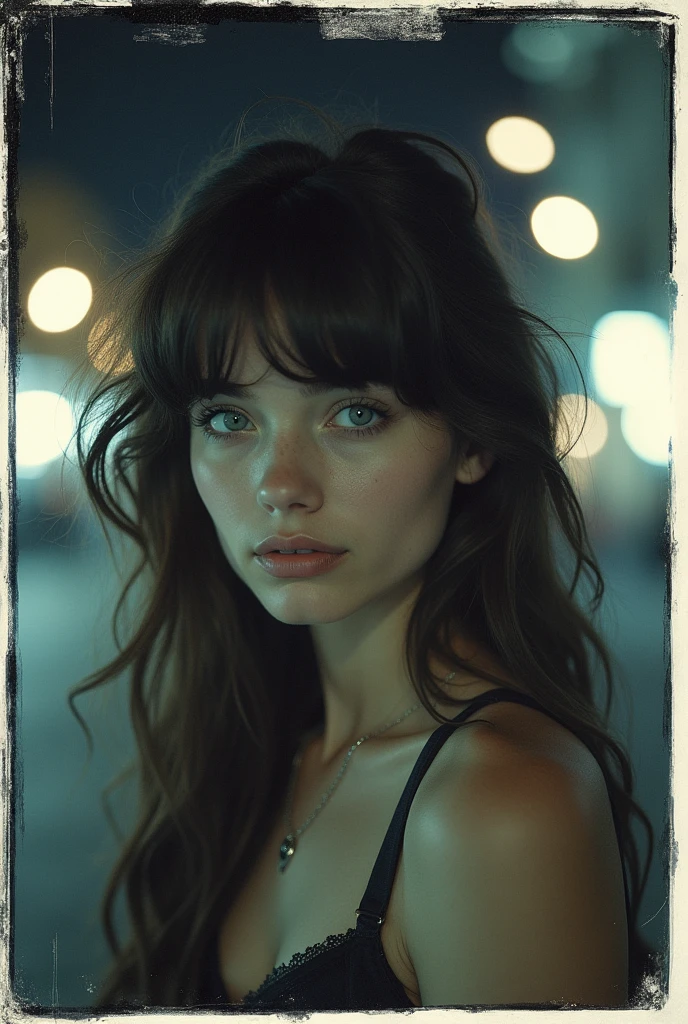 Polaroid expiré d'une fille aux cheveux brun , round face and blue eyes in a nuit city , Flash d'appareil photo, futuriste, Romantique, tons de bijoux, flou de mouvement, nuit, flou et flou, photo en noir et blanc, ISO 100
