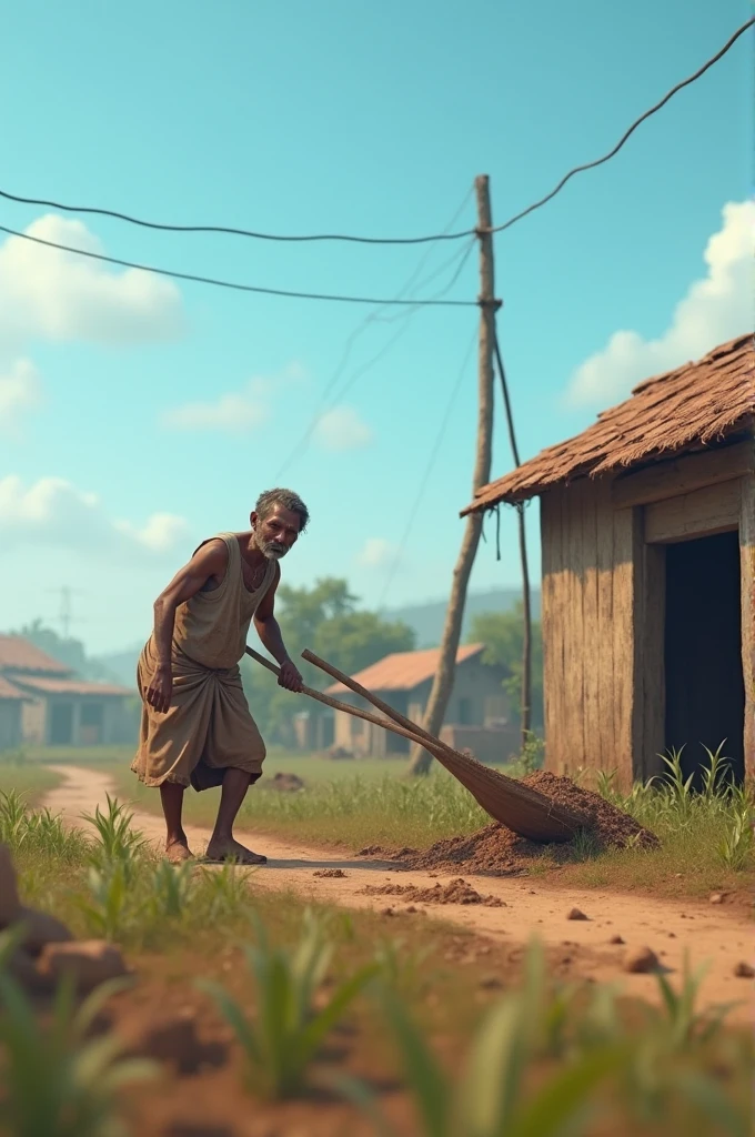 Image description: "A poor, tired-looking man works in a small field next to a modest wooden hut. He wears old, simple clothes. Behind him is a rural village with few trees and scattered houses. The sky is blue and clear, highlighting the simplicity of rural life." Generate 3d animation ,8k