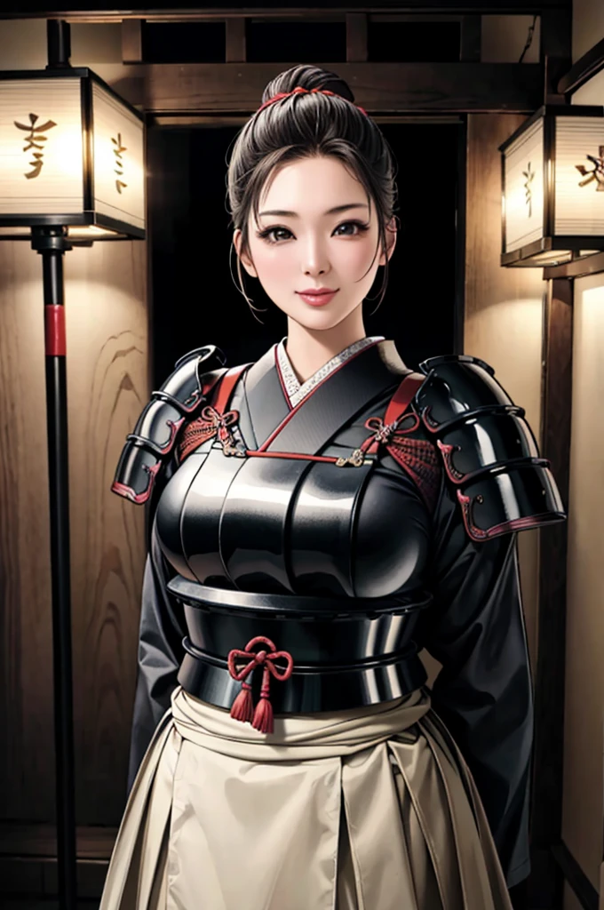 (Browsing Caution), (RAW Photos), (Realistic), (Photorealistic), Ultra-high resolution, masterpiece, Highest quality, Portraiture, facial Portraiture, Perfect lighting, Detailed lighting, Dramatic Shadows, Ray Tracing, Pure Eros Face_v1, Urzan-6500-v1.1, (1 beautiful Japanese woman), ((gentle smile)), ((upper body:1.2)), ((random standing pose)), looking at viewer, ((wearing a samurai armor)), ((in old Japanese castle)),