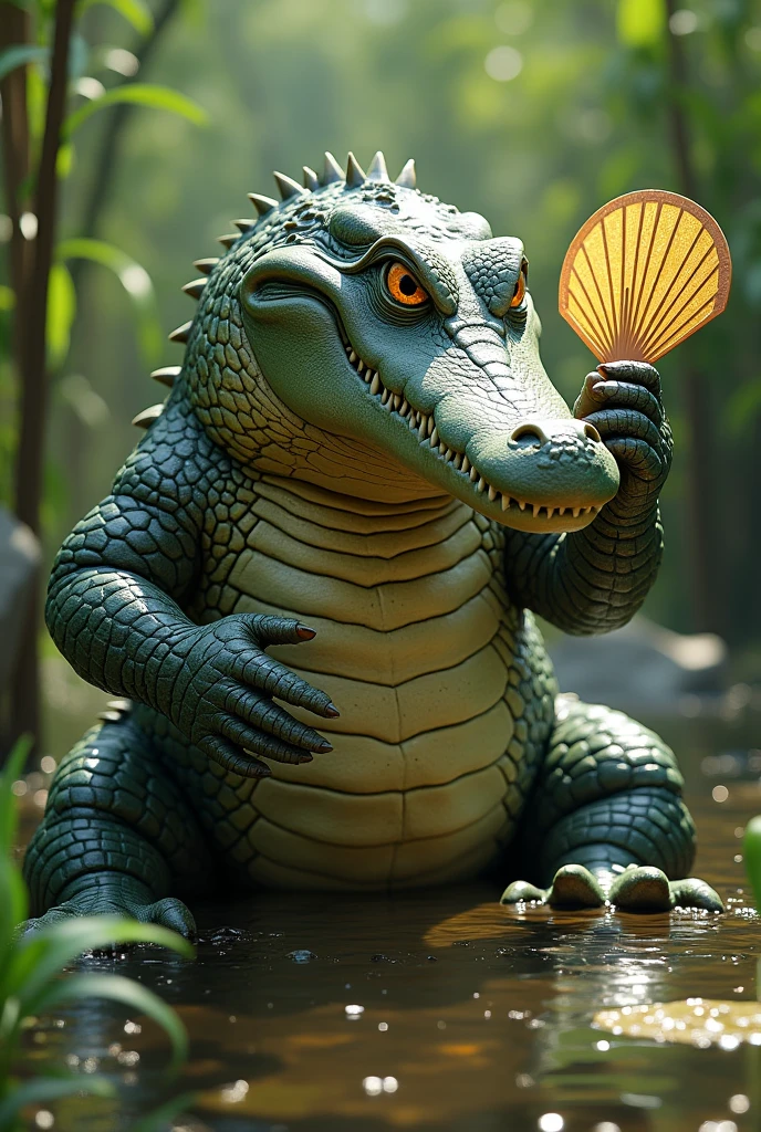 An alligator fanning itself with a fan