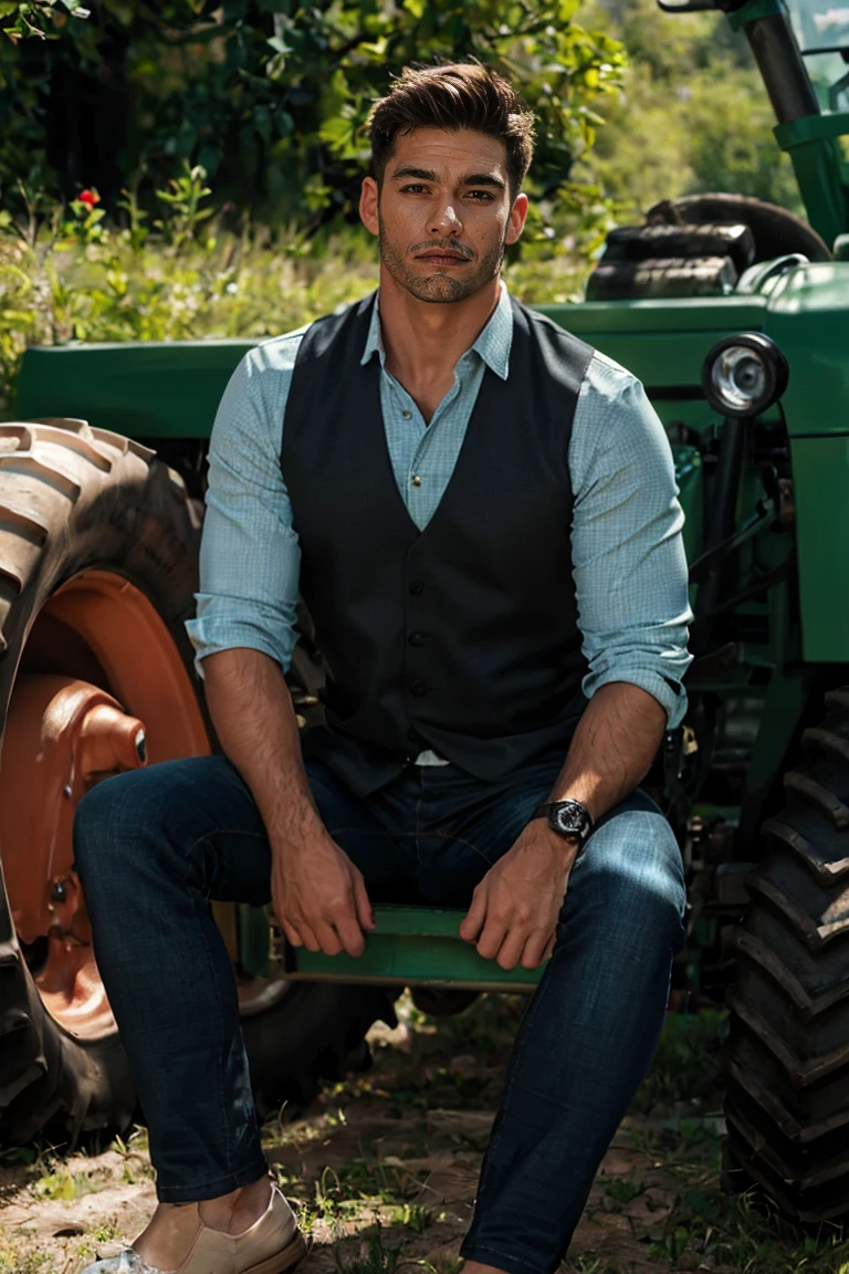 Realistic amateur photo posted on , handsome men ,sitting on the tractor, half resolution, phot realisting