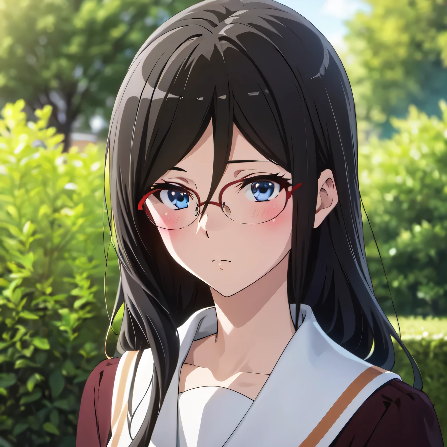 best quality, Masterpiece, highres, alone, {Thanaka_Asuka_euphonium sound:1.15} (garden:1.3), , black_hair, long_hair, glasses, light blue_eyes, Blush, red frame_glasses, Seraph, beyond the edge_glasses, semi borderless_glasses, hair_between_eyes, 1 woman, Kitauchi_high_school_uniform, brown, (stand and wait:1.5), looking towards the viewer, 