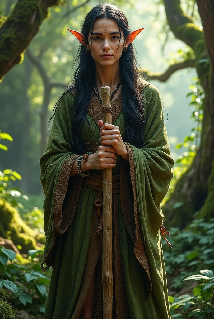 Create a dungeons and dragons character image of an older female tribal elve mage with small lips, pointed ears long unkempt wild black hair in a brown and  green robe made of leafs holding a wooden staff  in a forest