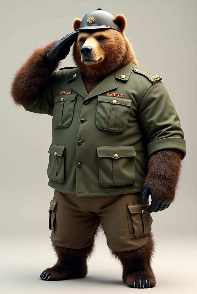 Create some images of a bear in a green jacket and brown pants with a war helmet saluting