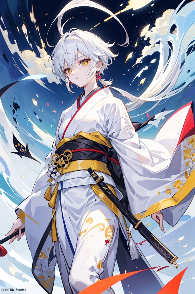 high quality, 16K, masterpiece :1.3　Ultra High Resolution　　No abnormalities in detail　Detailed face　　Male　neutral　cool　Small stature　White hair reaching down to the eyes　Yellow Eyes　kimono　Carrying a Japan sword on his waist　Tight eyes　Wearing earrings　Male　laughing　Black and white kimono　ephemeral　The whole body is visible　boyish　No background　Magical Beauty　Male　顔がcool　