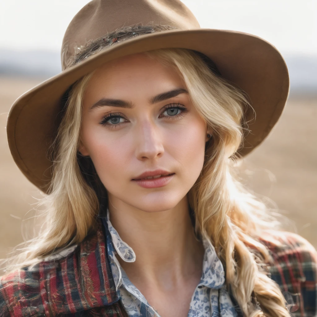 A blonde woman wear a country clothes looking forward