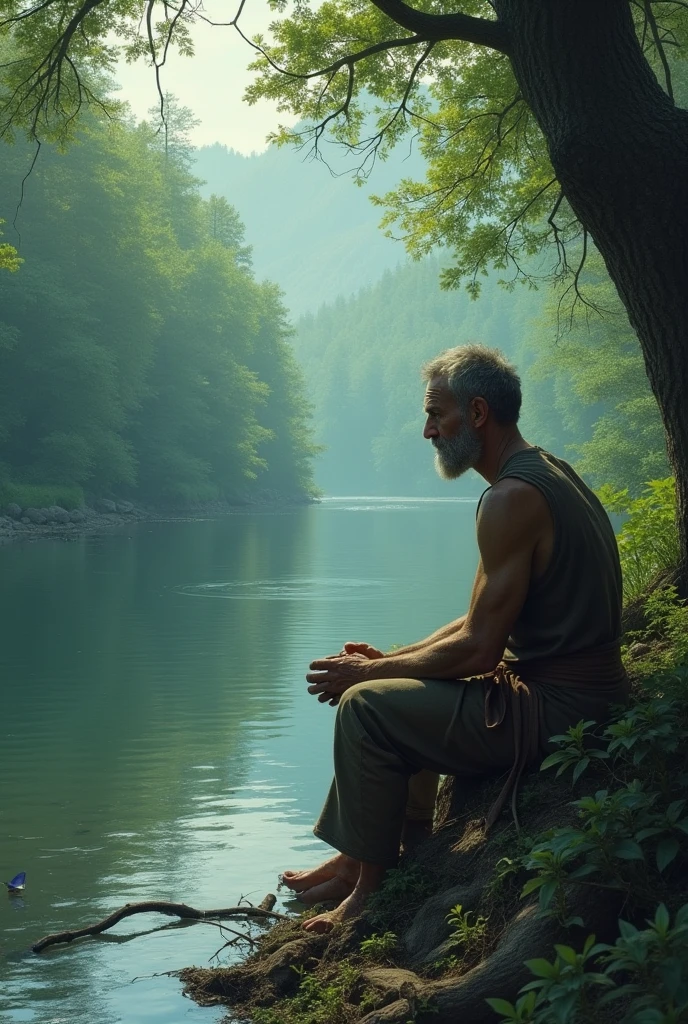 woodcutter sitting sad on the bank of the river facing towards river