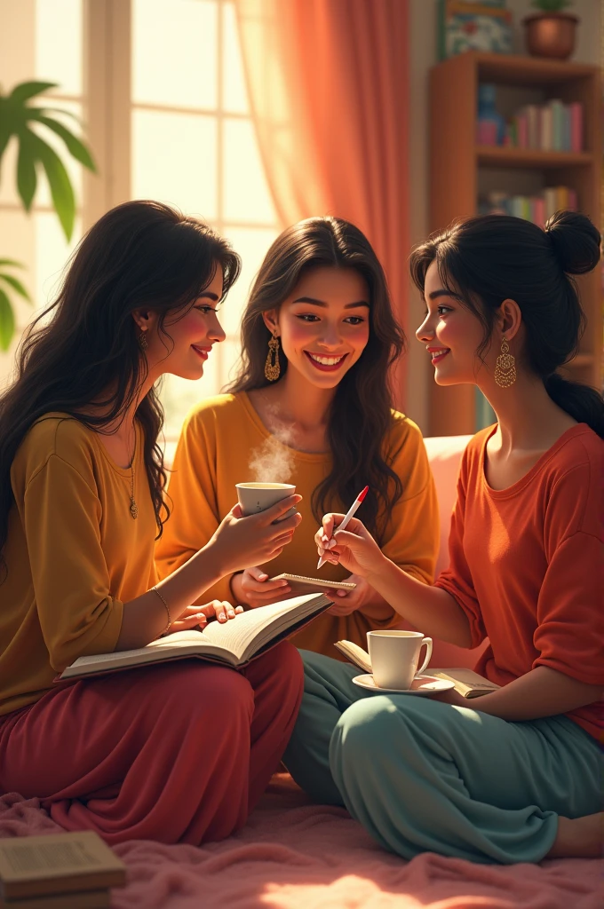 Mousumi, Priya, and Nabanita in a cozy room, laughing and chatting. Mousumi is holding a book, Priya is sketching on a notepad, and Nabanita is making tea. The room is filled with warm lighting and a sense of camaraderie.