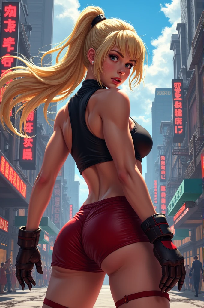 Caucasian woman, blonde hair, wavy hair, long hair, olive green eyes, lined eyes, ((shiny eyes)), ((Eyes with reflections)), red lipstick, makeup, smile, (toned body), athletic body, small breasts, (legs), Gray top with straps, gray leggings, necklace, bracelets, earrings, smart watch, in new york, walking, from back, buttocks, shot from long distance, shot from behind.
