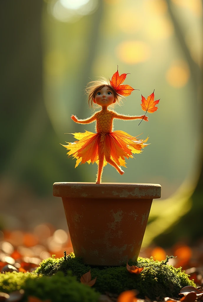 A whimsical miniature figure composed of delicately arranged autumn leaves, poised in carefree dance on the rim of a weathered, moss covered terracotta pot, set against a lush, vibrat forest ground backdrop where sunlight filter through the canopy above, casting intricate shadows. The overall asthenic is ethereal with warm earthy tones of sienna umber and olive green infused with hints of emerald and golden light evoking a sense of wonder and enchantment as if plucked from a fantastical realms