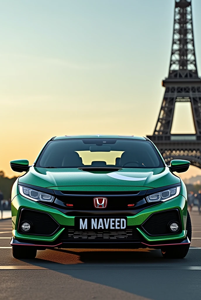 A Honda civic 2020 with 3 price lights and having M NAVEED name number plate on back side which have white letters and 80% black and 20% red background background the car should have Pakistan flage (green and white) color all over the car in front of effal tower realistic full cross picture