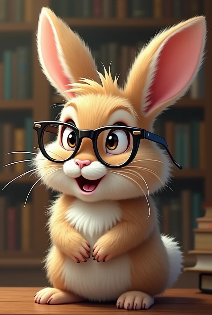 A bunny with spectacles and messy hair with scar on left eye