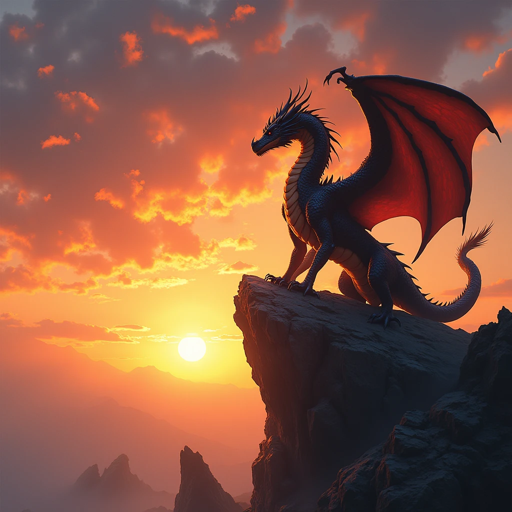 Sunset in the background,Detail of a dragon on a rock