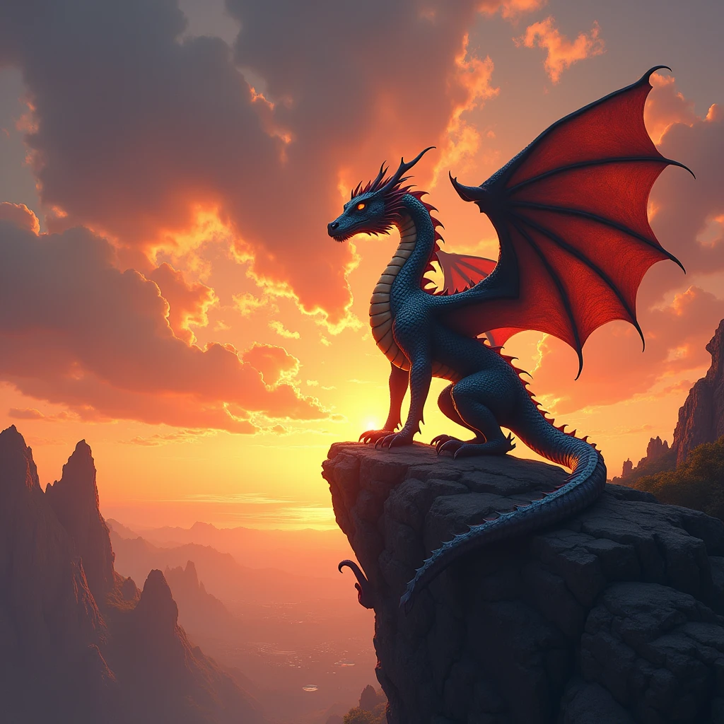 Sunset in the background，Detail of a dragon on a rock