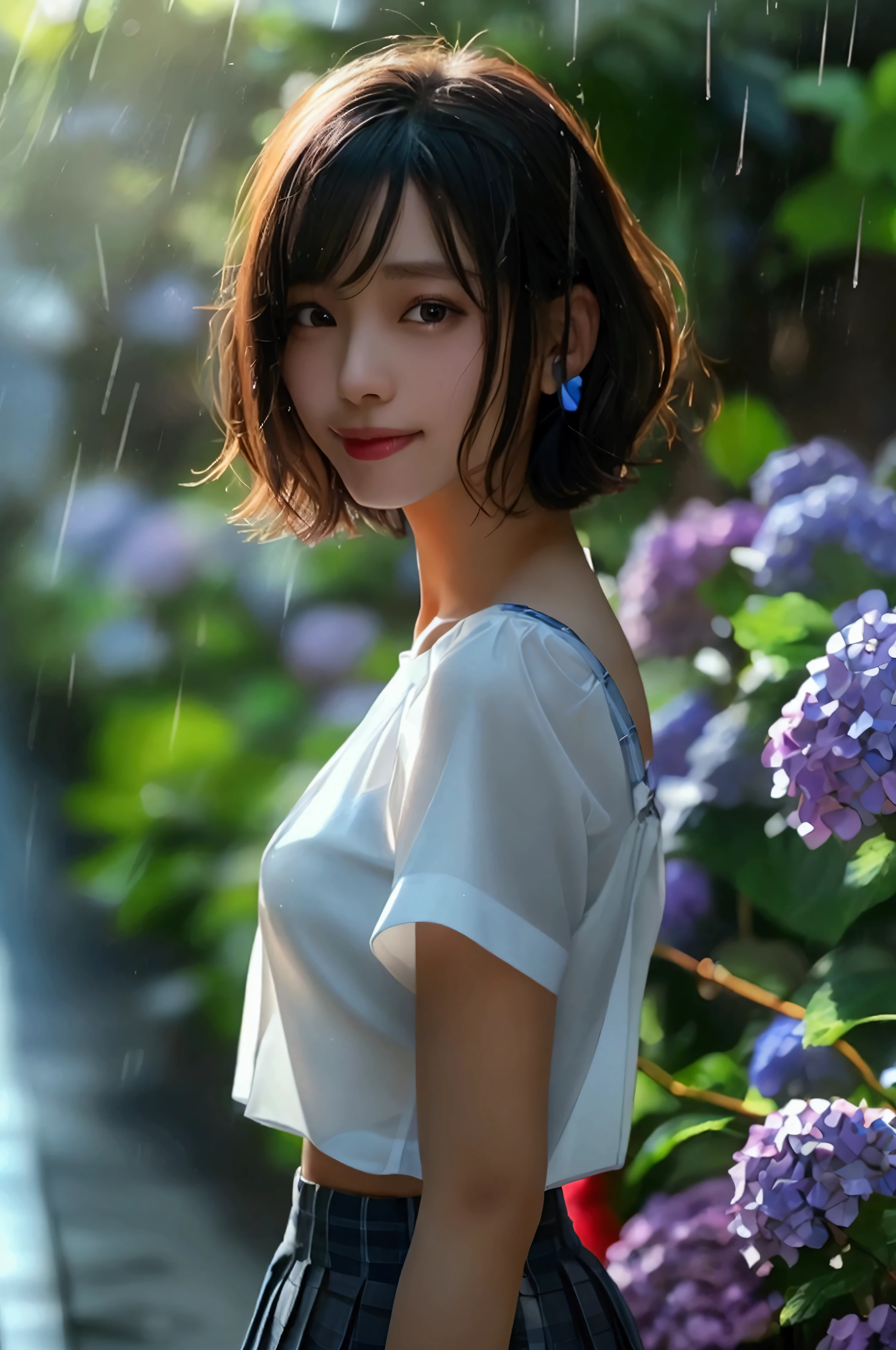 (8k, Photorealistic, Raw photo, Highest quality: 1.4),Japanese idol-style beautiful girl,1 person,,(Short Bob),(Black),She has her hair tucked behind her ears,Clear grey eyes,Long eyelashes,(piercings(small)),(Lip gloss),lips(Plump,glossy),Skin that is as white and smooth as translucent porcelain,Thin and delicate shoulders,thin abdomen,(blouse(White,Short sleeve)),(Pleated skirt(Plaid)),(socks(Dark blue)),(loafers),summer,On the way home from school,it&#39;s raining,She is holding a red umbrella,She is standing in front of many hydrangeas.,(Smiling at the camera),(Front view: 1.2),(Full body portrait: 1.4))