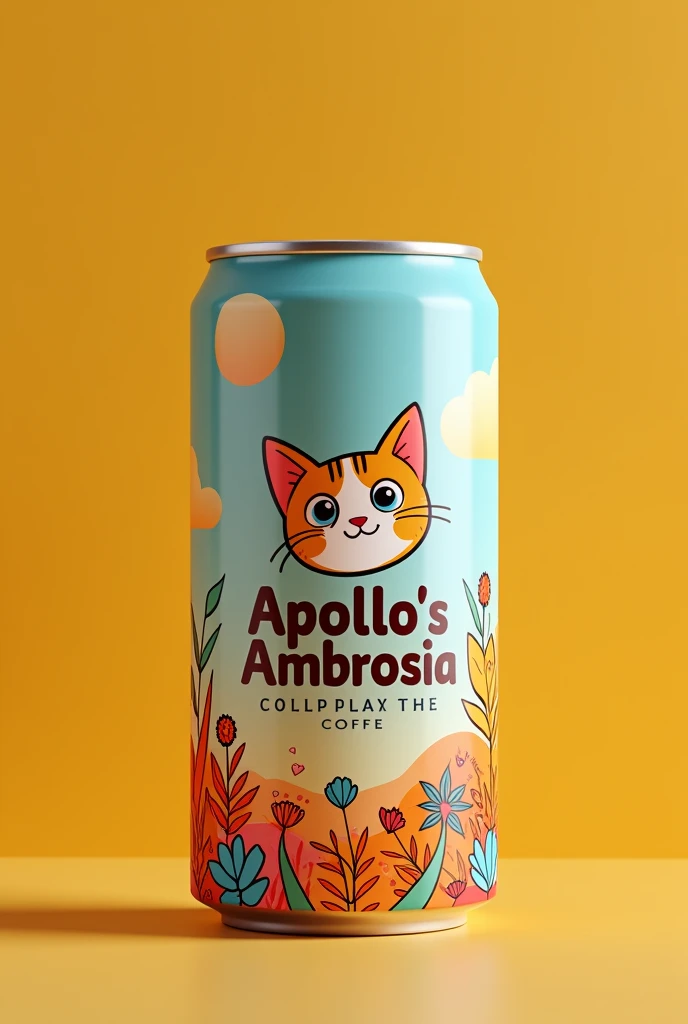 make me a 250ml canned coffee packaging design with a cheerful artwork theme with the brand name Apollo's Ambrosia , in it there is a cat head logo artwork design with full color