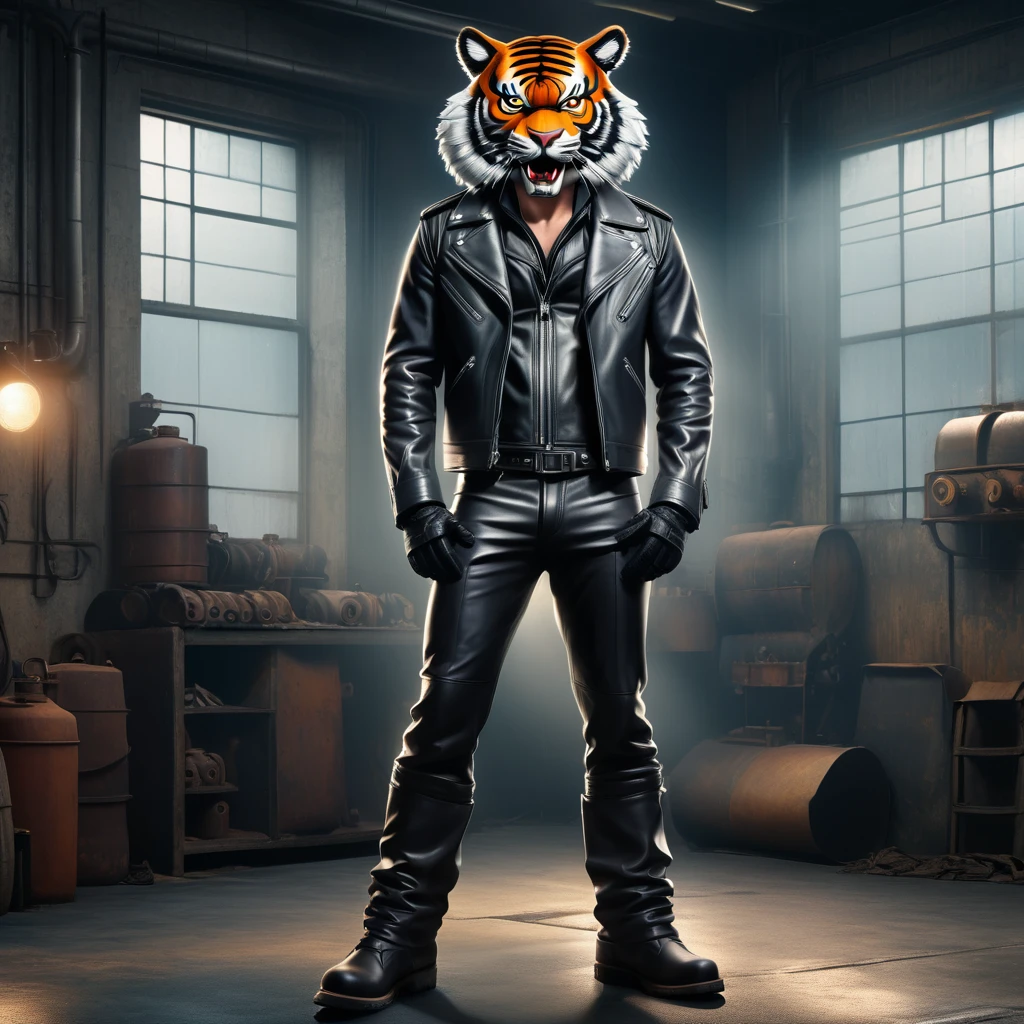 Old factory background，70s style leather jacket，trousers，Leather boots，Gray and black style，Vest lining,high resolution,Clarity Enhancement,panoramic,Full body portrait,Peaked Cap,Tiger Teeth,Hands on hips,indoor,Film light and shadow,Weak light source,Cool colors