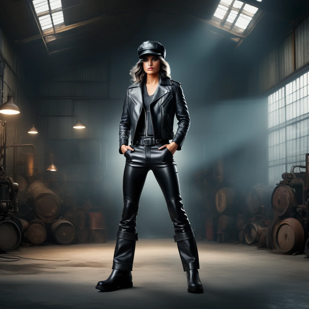 Old factory background，70s style leather jacket，trousers，Leather boots，Gray and black style，Vest lining,high resolution,Clarity Enhancement,panoramic,Full body portrait,Peaked Cap,Tiger Teeth,Hands on hips,indoor,Film light and shadow,Weak light source,Cool colors